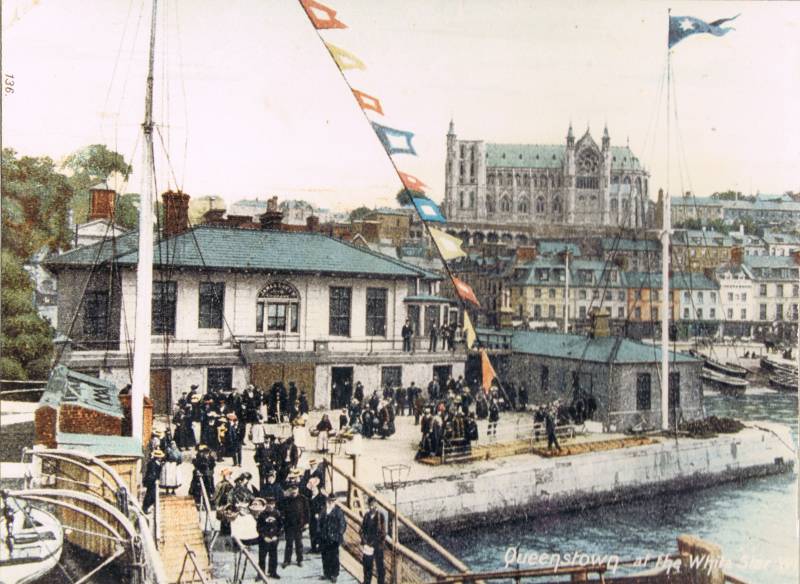Passengers waiting to board tenders at the White Star Line wharf in Queenstown / Cobh